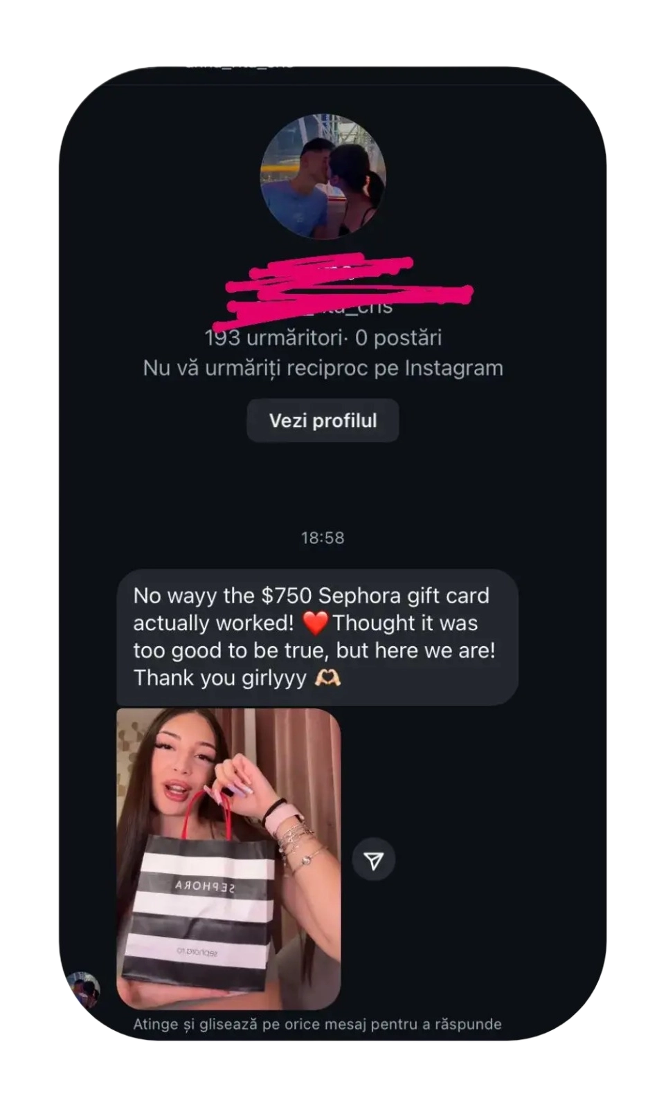 Instagram message thanking for the $750 Sephora gift card